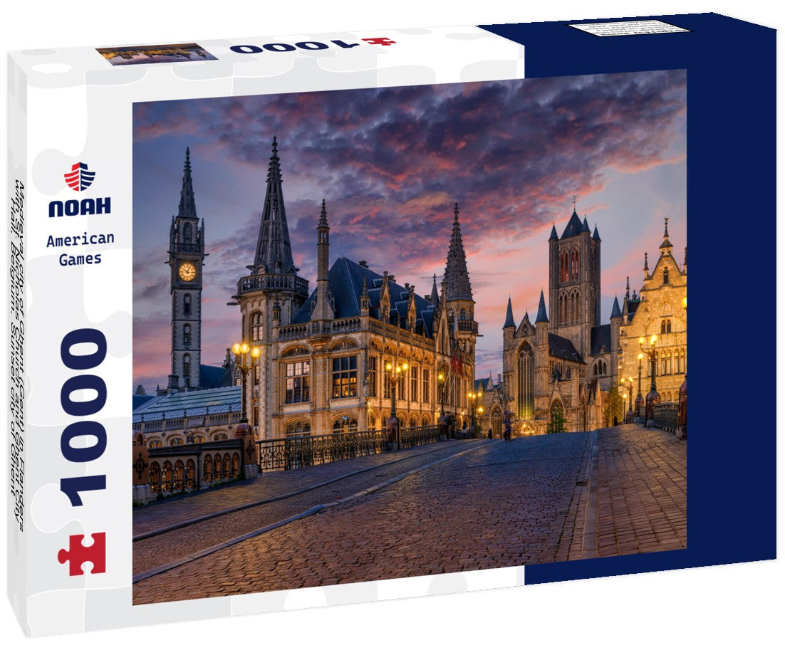 Noah Jigsaw Puzzle Medieval city of Ghent (Gent) in Flanders with St. Nicholas Church and Ghent City Hall, Belgium. Sunset city of Ghent 1000 pieces