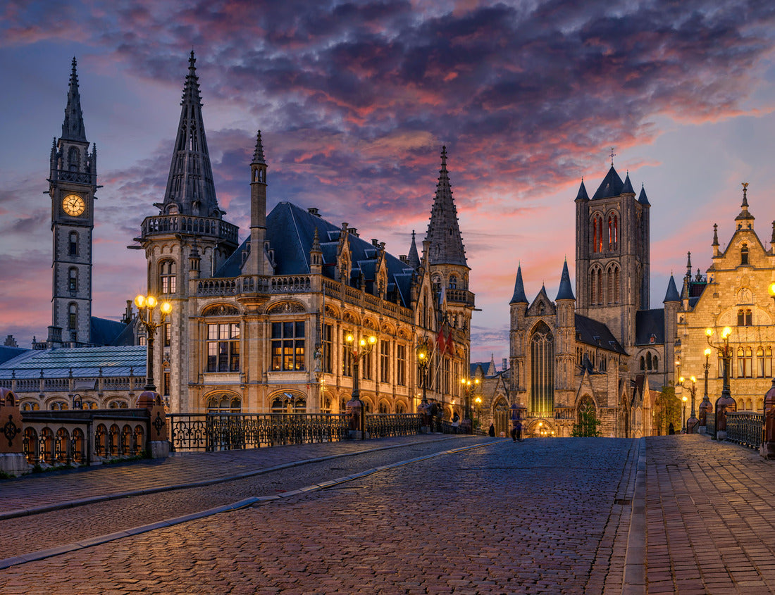 Noah Jigsaw Puzzle Medieval city of Ghent (Gent) in Flanders with St. Nicholas Church and Ghent City Hall, Belgium. Sunset city of Ghent 1000 pieces