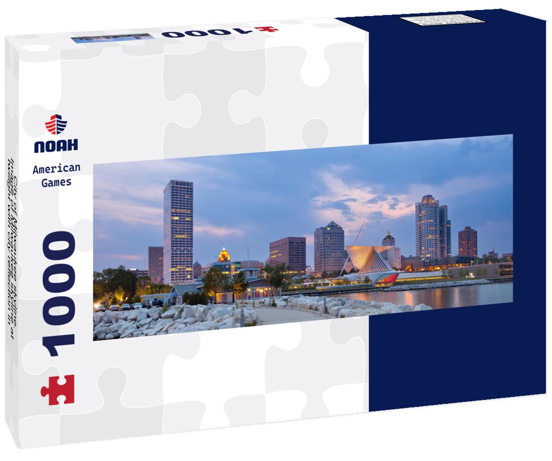 Noah Jigsaw Puzzle City of Milwaukee skyline. Image of Milwaukee skyline at twilight with city reflection in lake Michigan and harbor pier panorama 1000 pieces