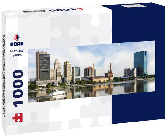 Noah Jigsaw Puzzle A panoramic view of downtown Toledo Ohio's skyline reflecting into the Maumee river with a power boat cruising by. A beautiful blue sky with white clouds for a backdrop panorama 1000 pieces