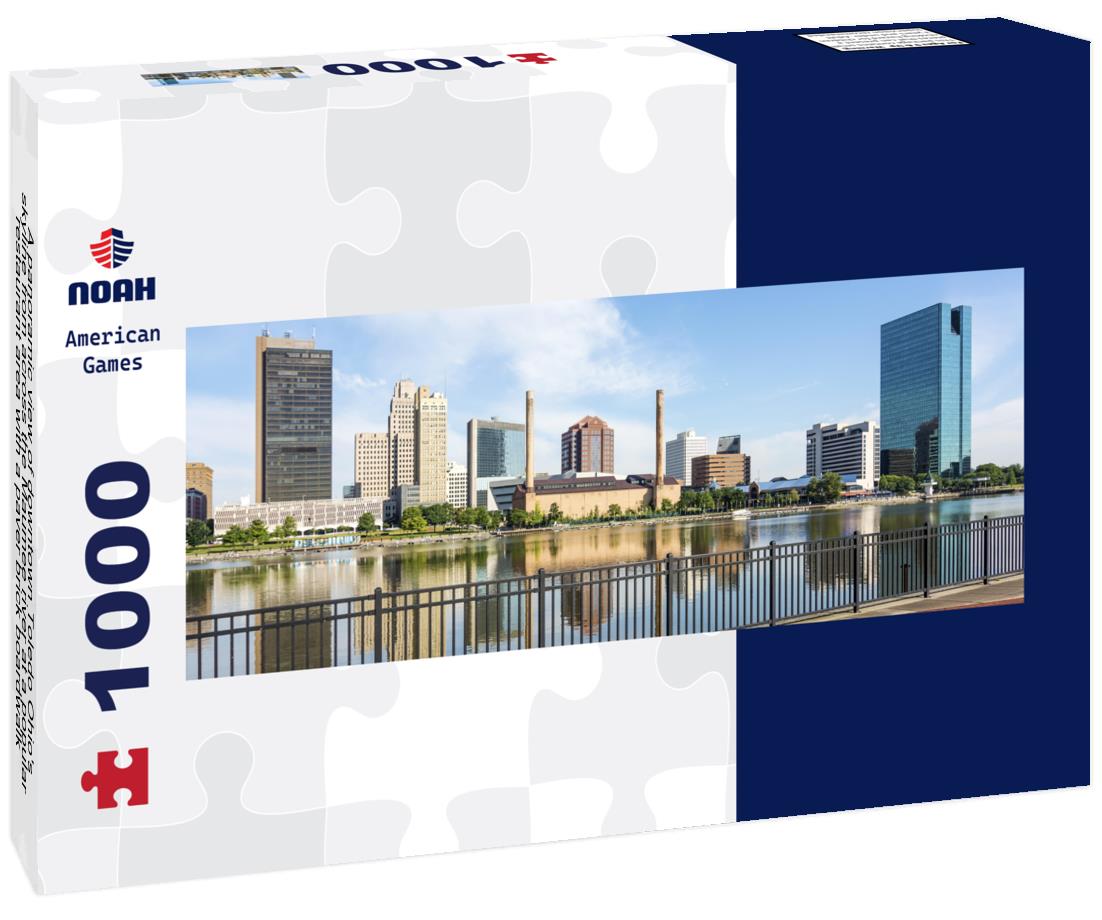 Noah Jigsaw Puzzle A panoramic view of downtown Toledo Ohio's skyline from across the Maumee river at a popular restaurant area with a paver brick boardwalk and a decorative iron railing panorama 1000 pieces