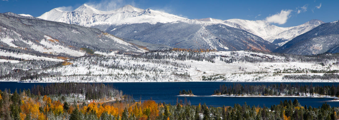 Noah Jigsaw Puzzle Grays and Torreys Peaks in the Colorado Rocky Mountains with snow on aspen trees and Lake Dillon in the foreground panorama 1000 pieces