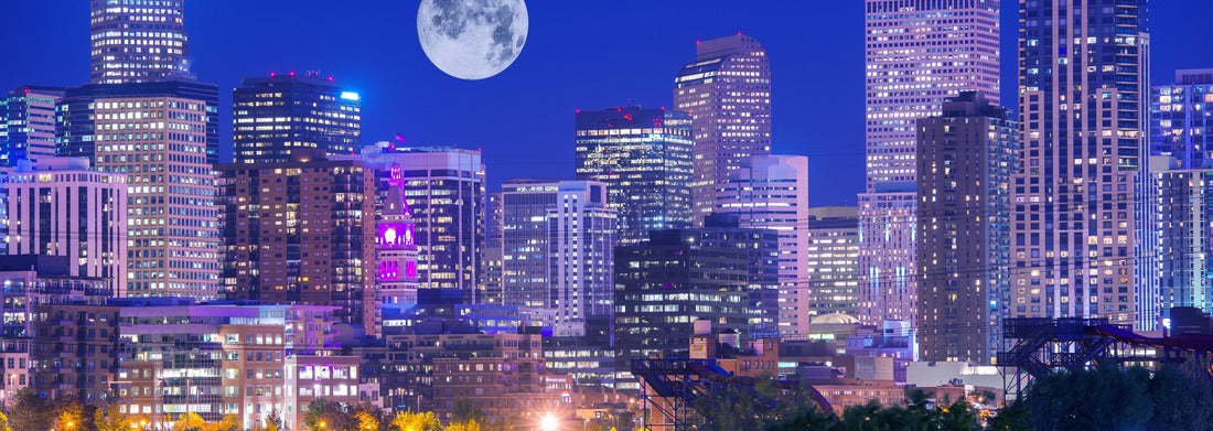 Noah Jigsaw Puzzle Denver Colorado by night. Denver Downtown Skyline and the full moon on Clear Sky panorama 1000 pieces