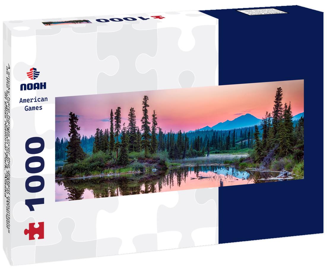 Noah Jigsaw Puzzle A smoky hare hangs over the distant mountains as the sun goes down over a lake in Wrangell-St Elias National Park, Alaska panorama 1000 pieces