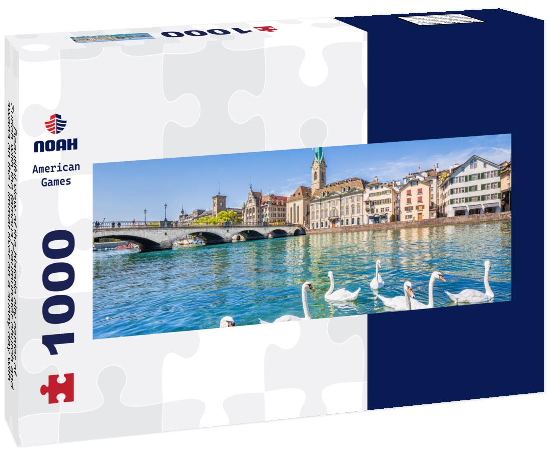 Noah Jigsaw Puzzle Beautiful view of the historic city center of Zurich with the famous Fraumunster church and swans on the Limmat river on a sunny day with blue sky, Canton of Zurich, Switzerland panorama 1000 pieces