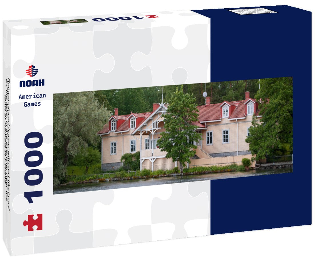 Noah Jigsaw Puzzle Beige-colored house with red tiled roof by the lake, in the evening, near the town of Heinola in Finland Panorama 1000 Pieces