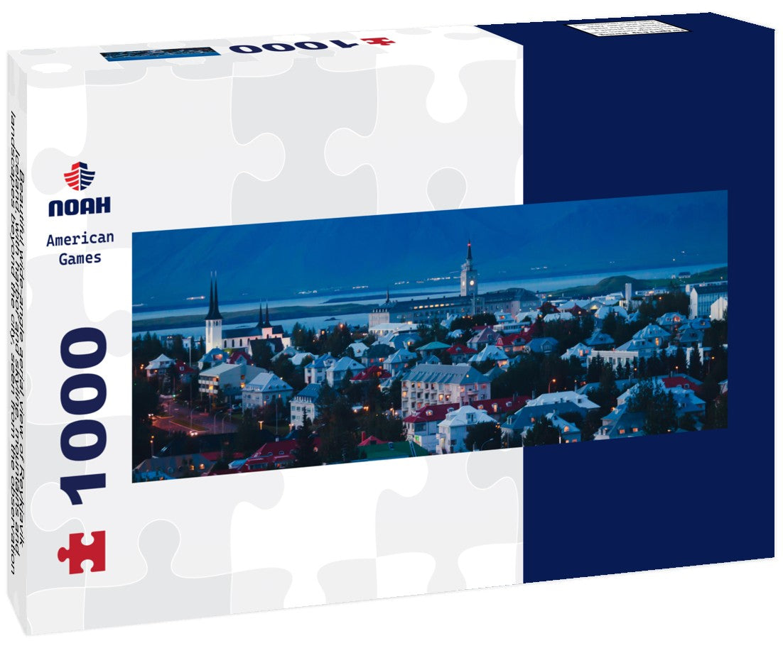 Noah Jigsaw Puzzle Beautiful wide-angle aerial view of Reykjavik, Iceland, with harbor and skyline, mountains and landscapes beyond the city, seen from the observation tower of Hallgrimskirkja Cathedral Panorama 1000 Pieces