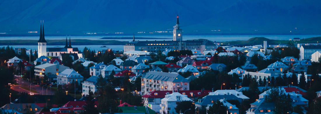 Noah Jigsaw Puzzle Beautiful wide-angle aerial view of Reykjavik, Iceland, with harbor and skyline, mountains and landscapes beyond the city, seen from the observation tower of Hallgrimskirkja Cathedral Panorama 1000 Pieces