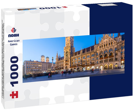 Noah Jigsaw Puzzle Marienplatz, Munich City Beautiful panoramic scenic skyline view cityscape of Munich night illuminated architecture under clear blue sky: New Town Hall and Frauenkirche at night, Bavaria, Germany Panorama 1000 Pieces