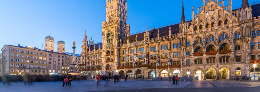 Noah Jigsaw Puzzle Marienplatz, Munich City Beautiful panoramic scenic skyline view cityscape of Munich night illuminated architecture under clear blue sky: New Town Hall and Frauenkirche at night, Bavaria, Germany Panorama 1000 Pieces