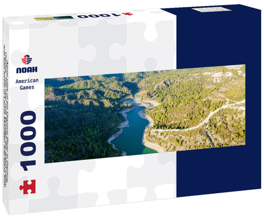 Noah Jigsaw Puzzle Aerial view of the Diarizos River in Paphos, Cyprus. The river cuts through the green valley and lush forest of Laona Mountain and leads from the Arminou Reservoir to the Venetian Bridge Panorama 1000 Pieces