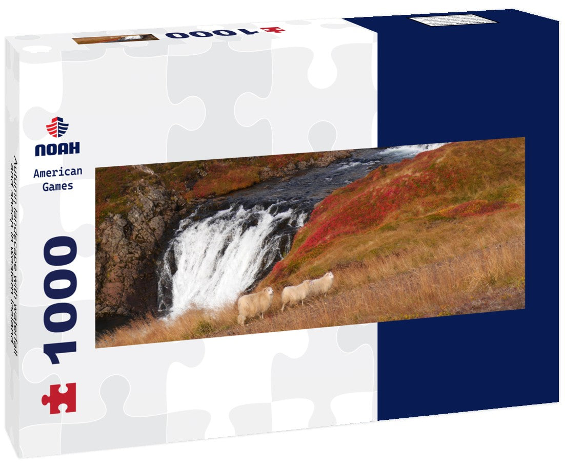 Noah Jigsaw Puzzle Autumn landscape with waterfall and sheep in western Iceland Panorama 1000 Pieces