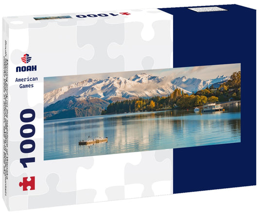 Noah Jigsaw Puzzle Morning snow on the lakeshore of Wanaka, South Island, New Zealand with view of snow mountain, colorful trees in autumn, lake and blue sky Panorama 1000 Pieces