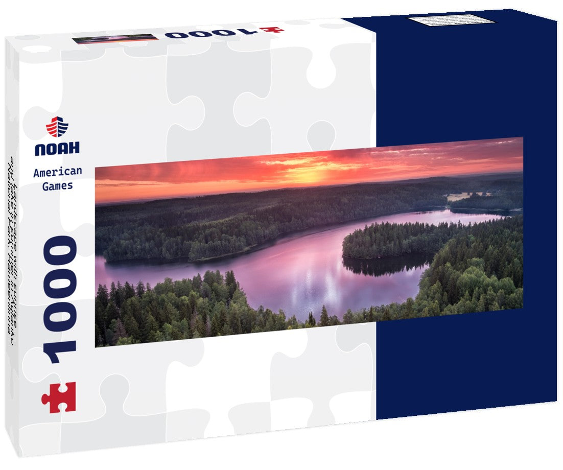 Noah Jigsaw Puzzle Landscape with sunrise and lake in summer in Aulanko National Park, Hämeenlinna, Finland Panorama 1000 Pieces