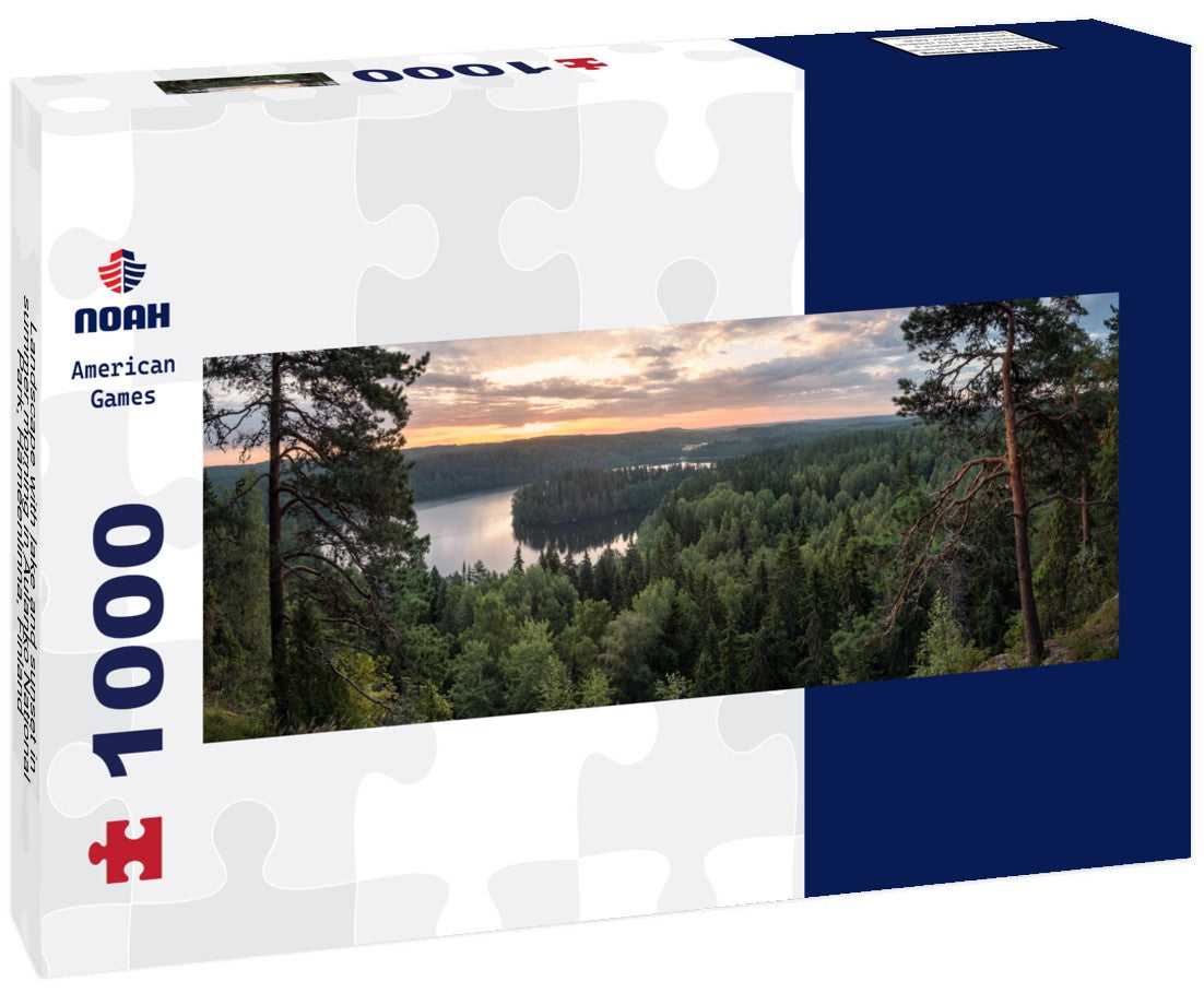 Noah Jigsaw Puzzle Landscape with lake and sunset in summer morning in Aulanko National Park, Hämeenlinna, Finland Panorama 1000 Pieces