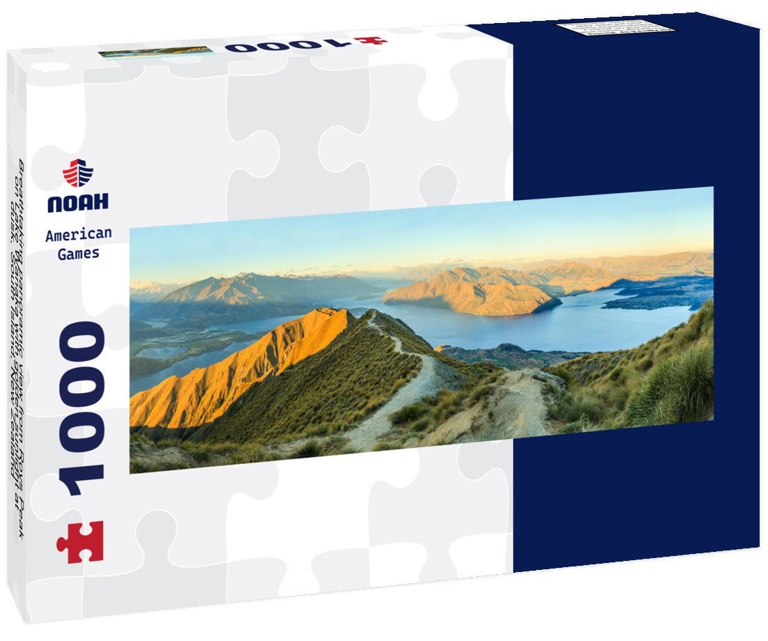 Noah Jigsaw Puzzle Breathtaking panoramic view from Roys Peak on Lake Wanaka with golden sunlight at dusk, South Island, New Zealand Panorama 1000 Pieces