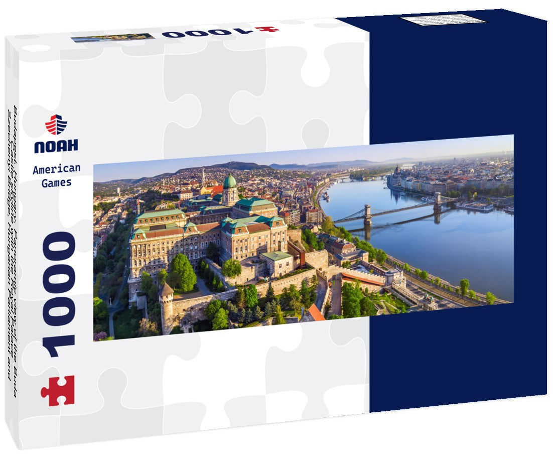 Noah Jigsaw Puzzle Budapest, Hungary - Panoramic view of the Buda Castle skyline with the Royal Palace, Szechenyi Bridge, Hungarian Parliament and Matthias Church at sunrise and clear blue sky Panorama 1000 Pieces