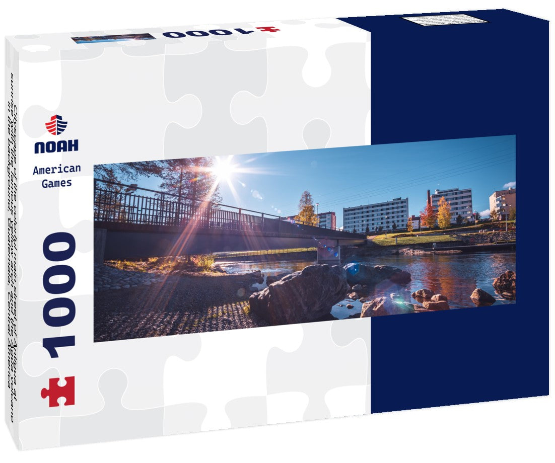 Noah Jigsaw Puzzle Cityscape of the colorful main street of Antigua at sunrise with the famous yellow arch and the Agua volcano in the background, Guatemala, Central America Panorama 1000 Pieces