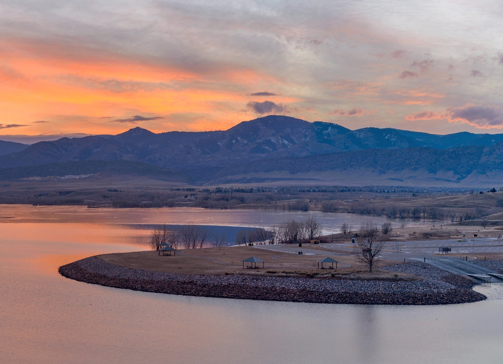 Winter Sunset at Chatfield - A panoramic sunset view of Chatfield Reservoir at the foothill of Front Range of Rocky Mountains. Chatfield State Park, Littleton, Colorado, USA