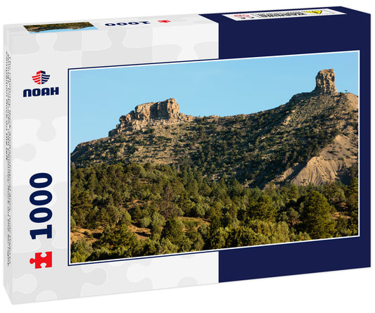 The Chimney Rock Archaeological Area, near Pagosa Springs, Colorado, with Chimney Rock on the far right, Companion Rock on the left