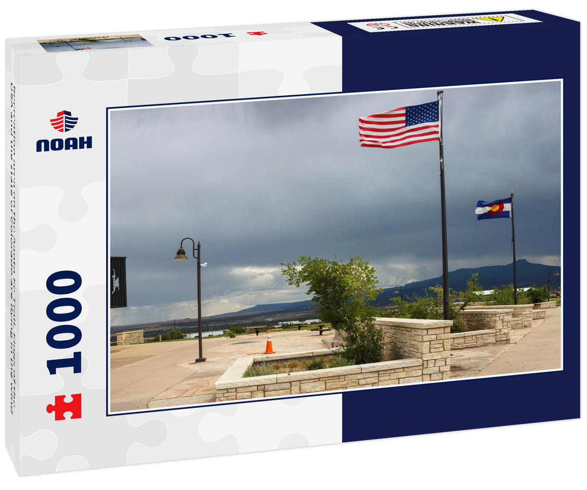 Recreation area on the Santa Fe Trail. Flags of the USA and the state of Colorado are flying in the wind