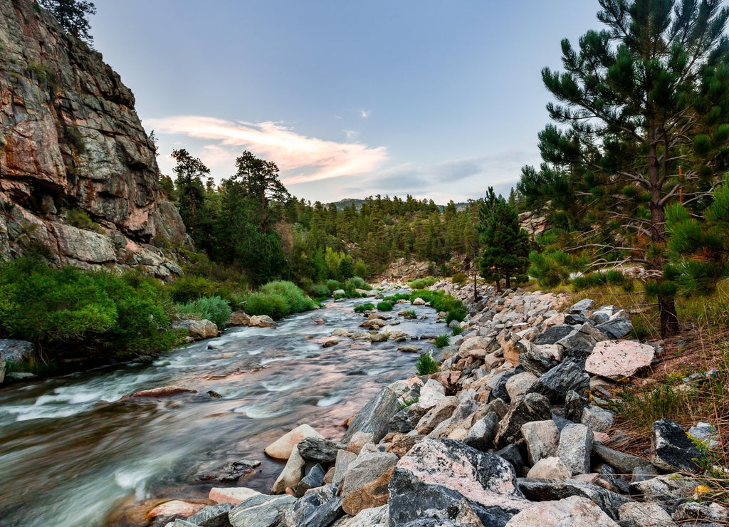 Big Thompson river landscape in the Roosevelt National Forest in Colorado. Stones are visible through the clear water