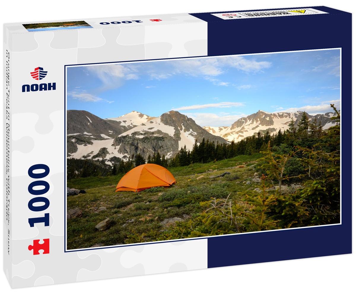Orange Tent in Mountains with Trees, Snow in Indian Peaks Wilderness, Colorado