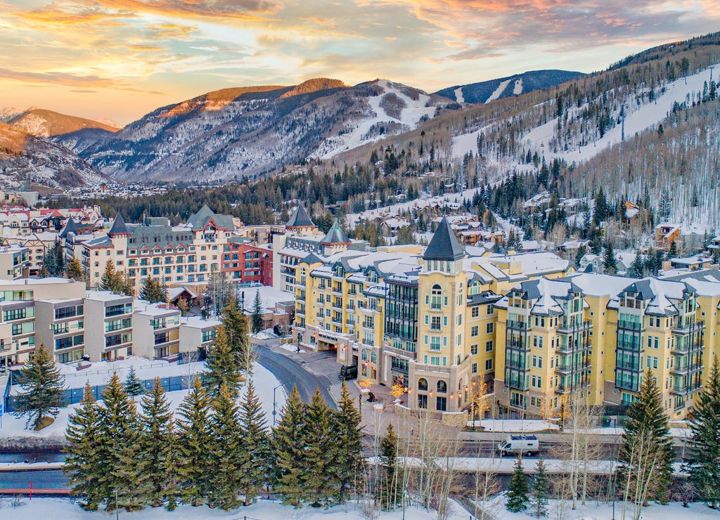 Vail, Colorado, USA Downtown Drone Mountains Aerial