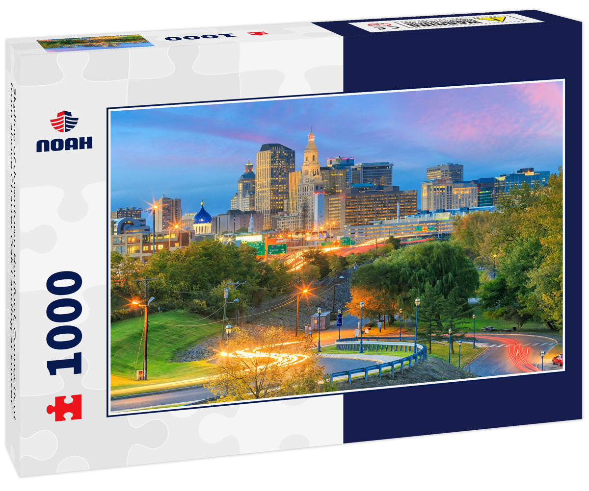 Skyline of downtown Hartford, Connecticut from above Charter Oak Landing at sunset