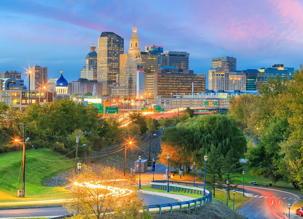 Skyline of downtown Hartford, Connecticut from above Charter Oak Landing at sunset