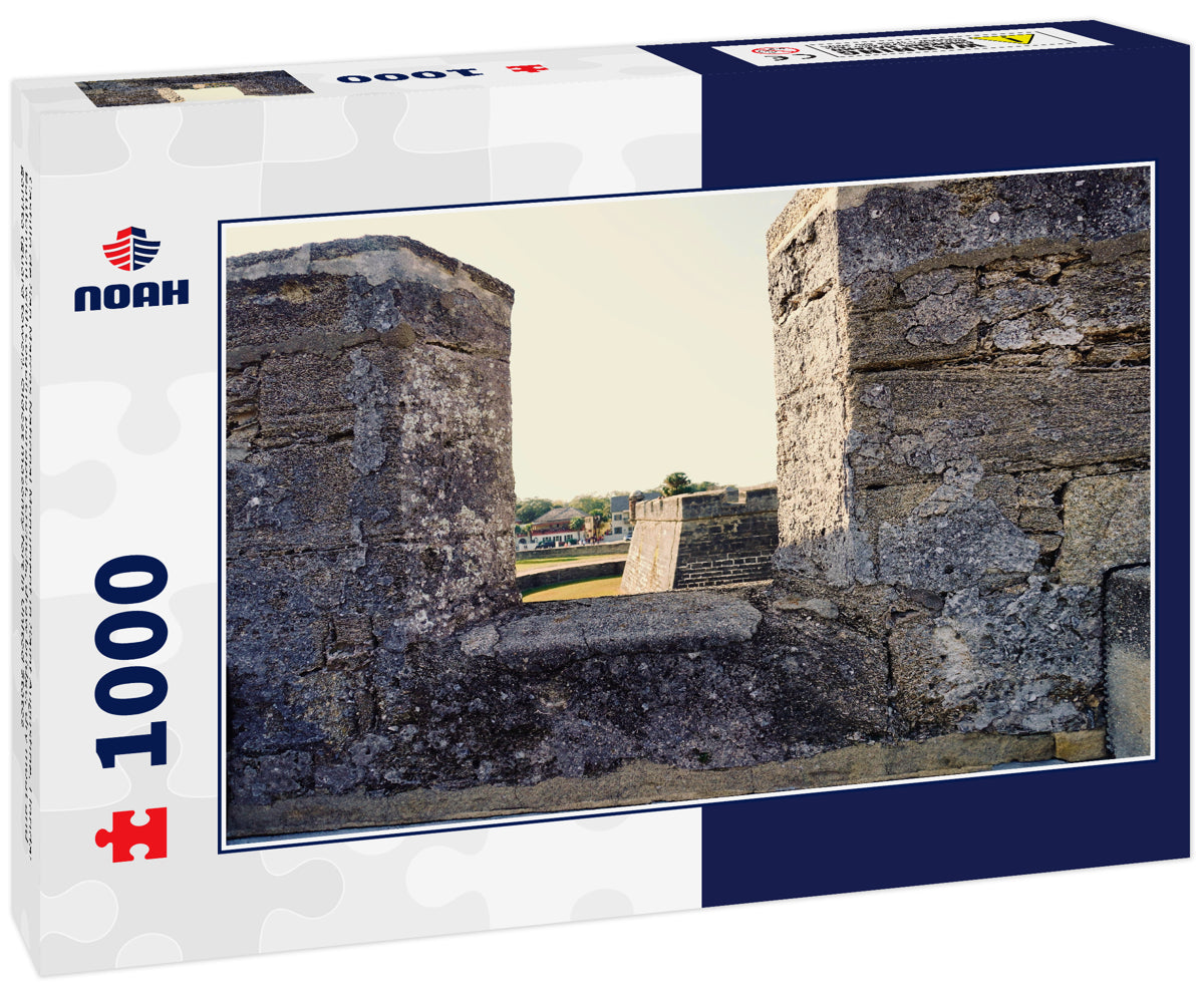 Castillo de San Marcos National Monument in Saint Augustine, Florida: Battlement with coquina parapet, crenels, draw bridge, dry moat and garrita (guard tower). Oldest masonry fort in United States