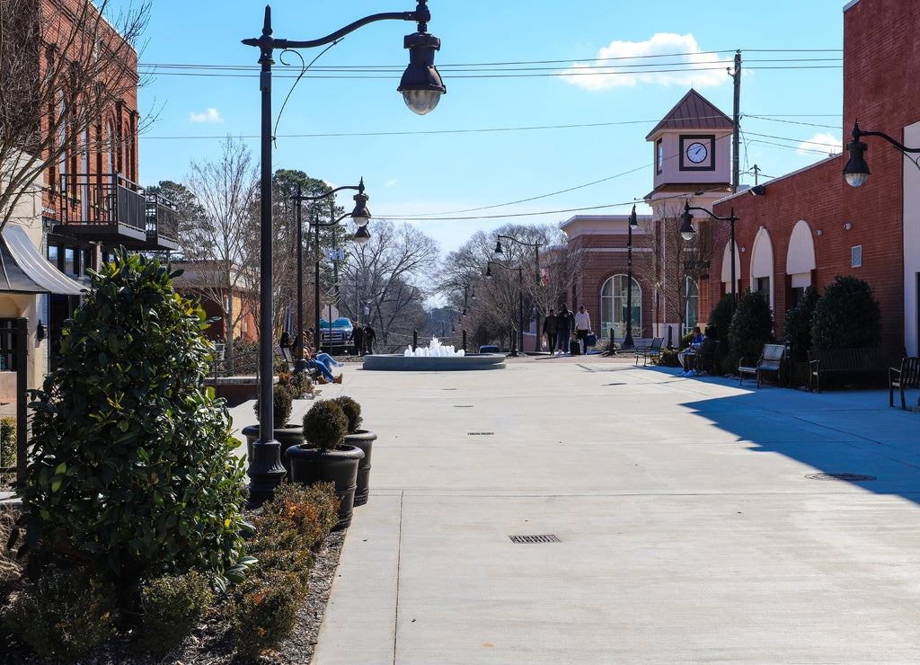 a shopping center with red brick buildings, tall curved black light posts, metal benches, bare winter trees and lush green plants with blue sky in Douglasville Georgia USA