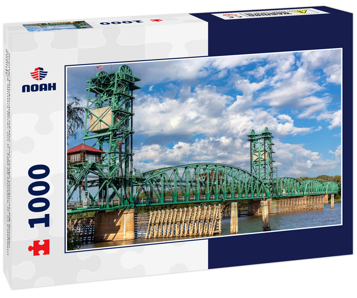 Scenic landscape of the Joe Page vertical-lift bridge over the Illinois River on IL 100 at Hardin, IL in Calhoun County