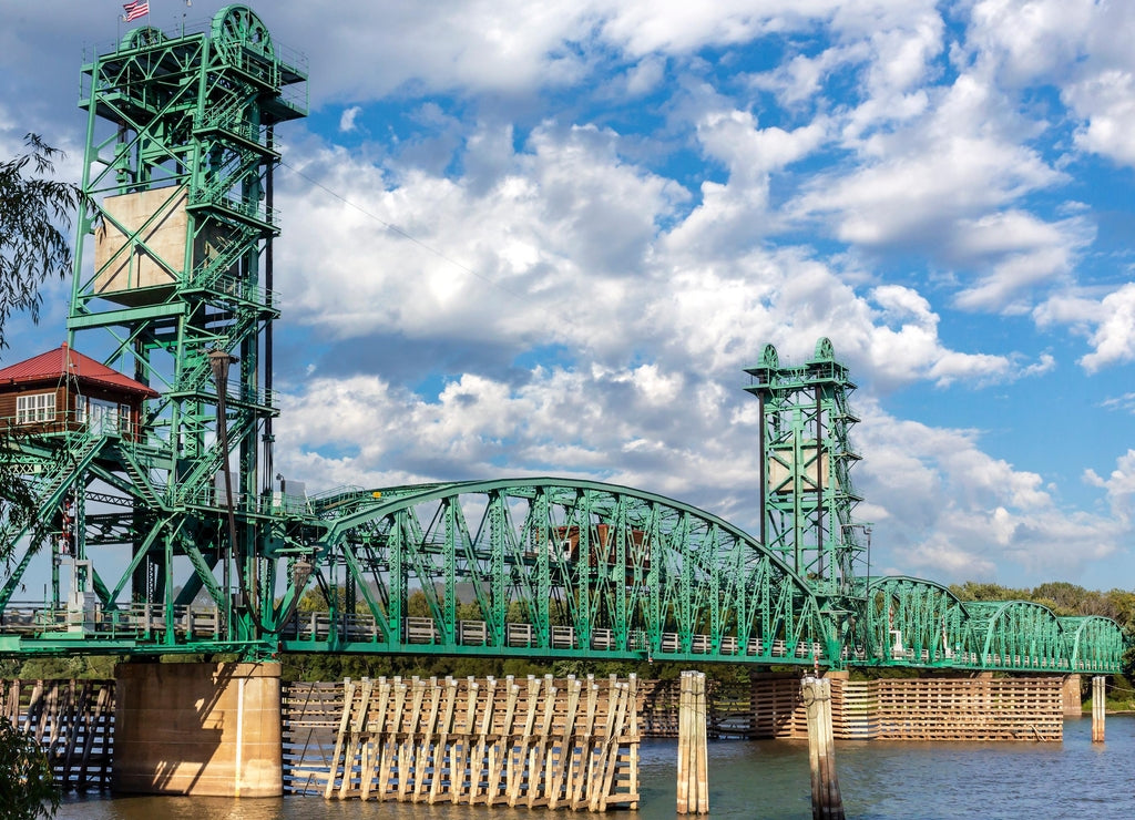 Scenic landscape of the Joe Page vertical-lift bridge over the Illinois River on IL 100 at Hardin, IL in Calhoun County