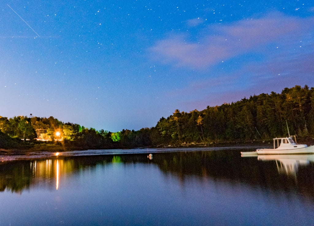 Stars and reflections on the Union River in Ellsworth Maine at the Watefront Park and Marina
