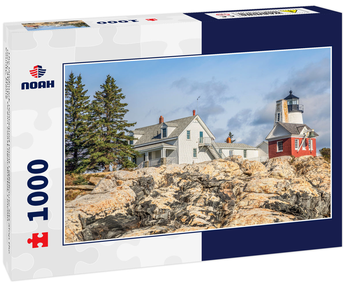 The landmark Pemaquid Point Lighthouse sits atop the rocky Atlantic Ocean coast near Bristol, Lincoln County, Maine