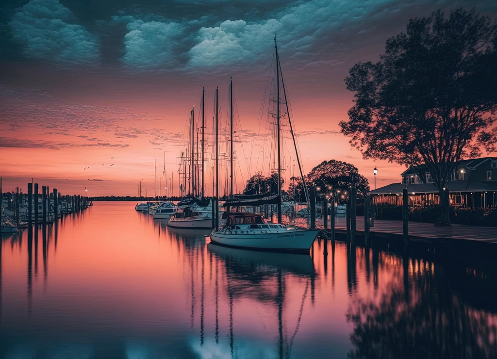 At dusk, boats are at the marina. pastel colored sky over Annapolis in the Chesapeake Bay in the United States of America