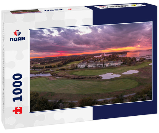 sunset view of a resort with a golf course near the Chesapeake in Cambridge Maryland with dramatic sky