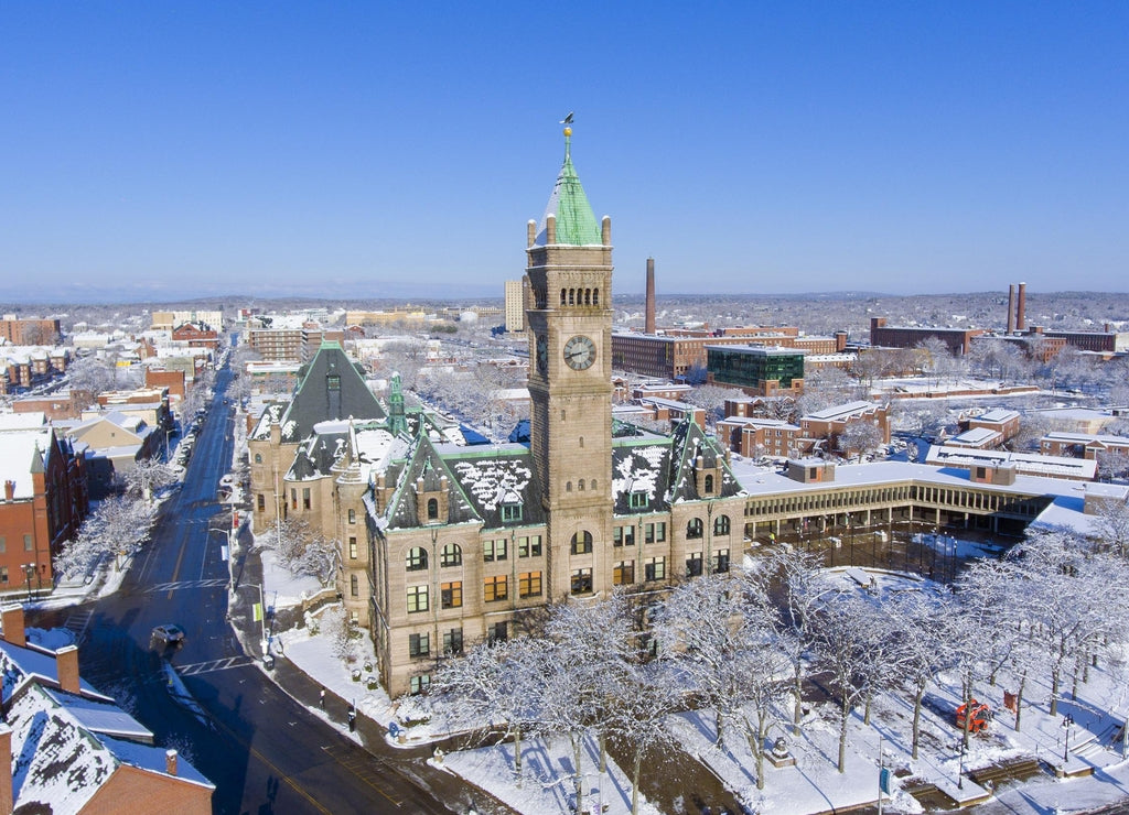 Lowell City Hall and downtown aerial view in downtown Lowell, Massachusetts, USA