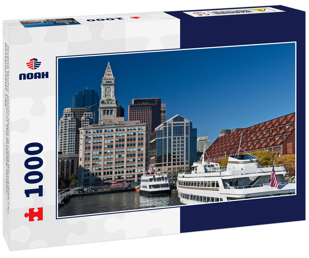 Boston Harbor Cruise Ships at Long Wharf With The Custom House Tower In The Distance, Boston, Massachusetts, USA