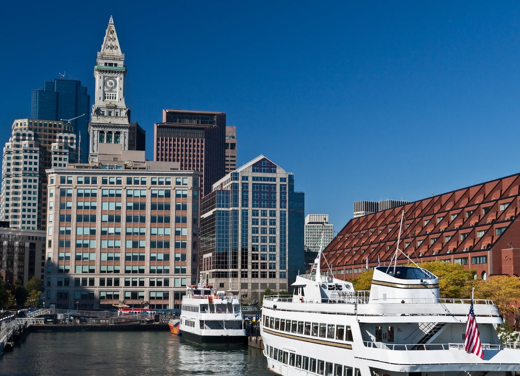 Boston Harbor Cruise Ships at Long Wharf With The Custom House Tower In The Distance, Boston, Massachusetts, USA