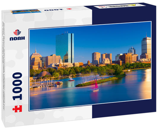 Boston skyline at the evening. Cityscape of Back Bay Boston. Skyscrapers and office buildings reflected in the water of Charles River