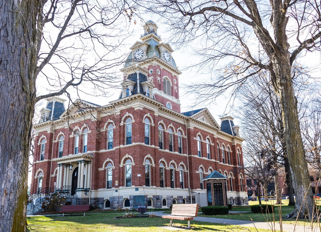 The historic 1879 courthouse of LaGrange, Indiana on a late fall afternoon