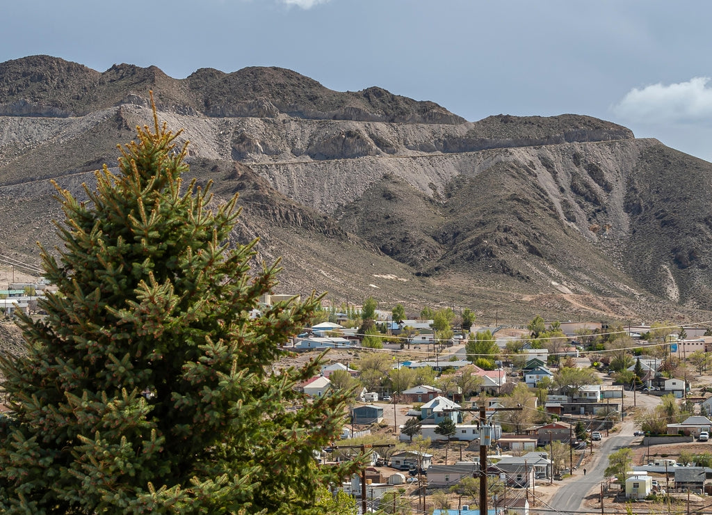 Tonopah, Nevada, USA: Outside downtown. Neighborhood with sprinkled houses in front of gray mountains under gray cloudscape. Green foliage