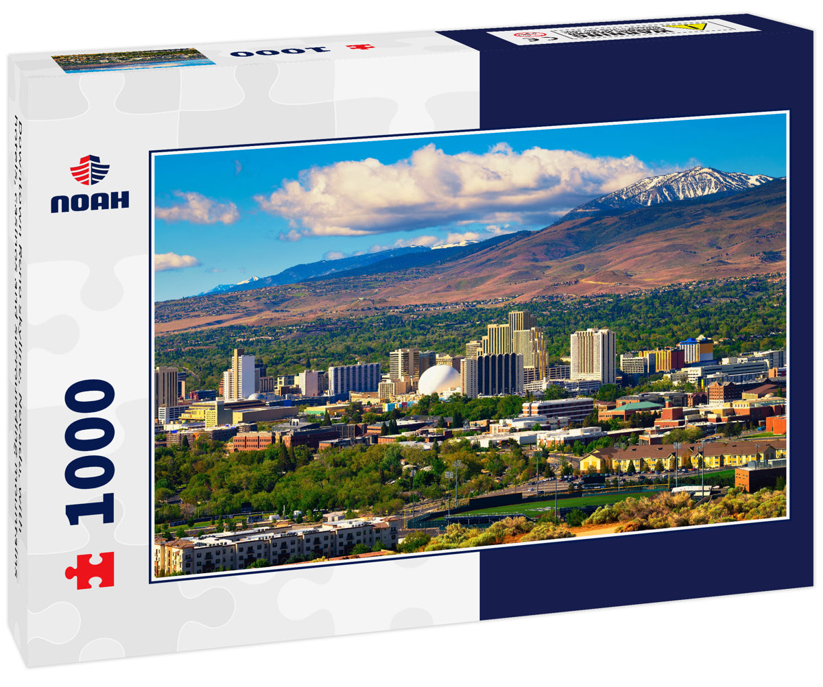 Downtown Reno skyline, Nevada, with hotels, casinos and surrounding mountains