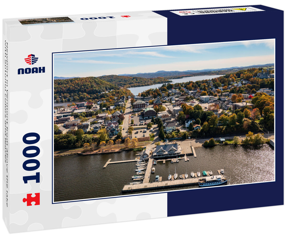 Newport in Vermont from above the lake with autumn colors and leaves