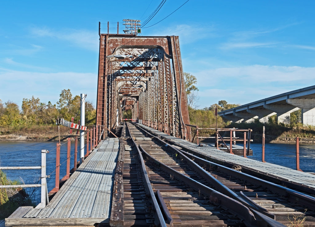 The beautiful Through Truss swing railroad bridge crosses the Missouri River at Atchison, Kansas