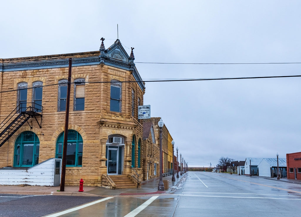 Beautiful limestone buildings from the late 1880s still form the core of rural downtown Jetmore, Kansas