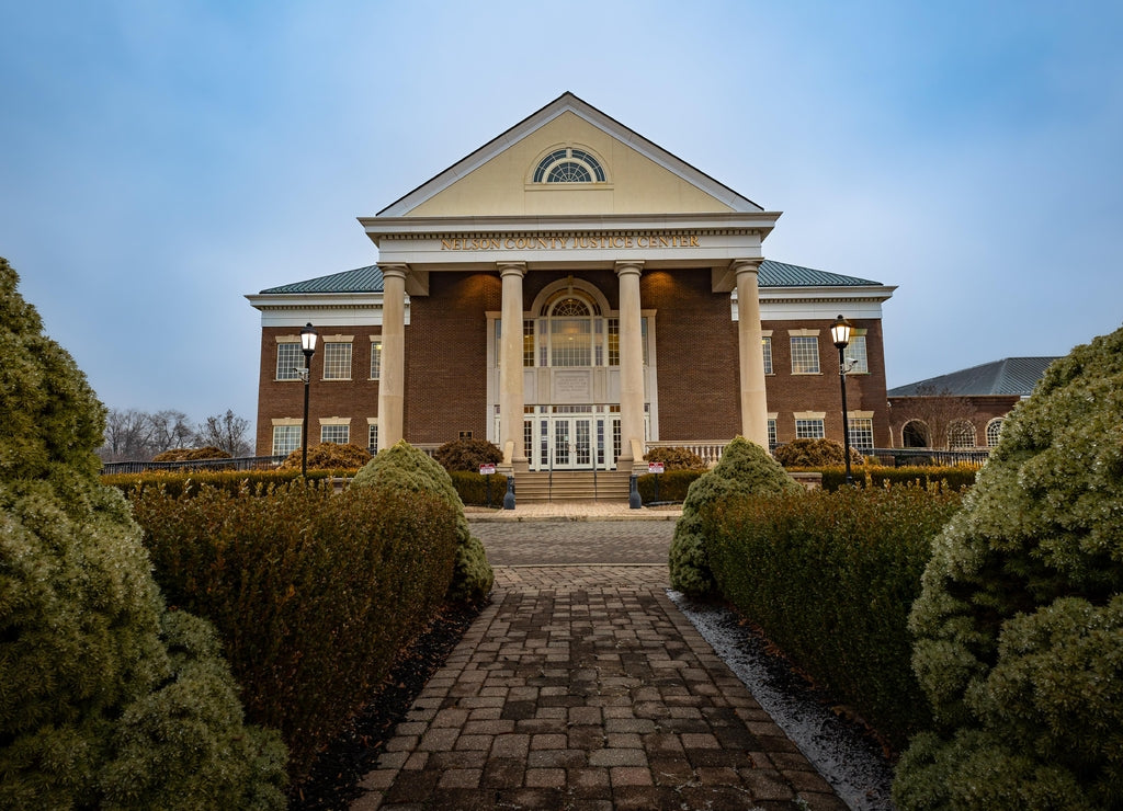 The Nelson County Justice Center in Bardstown, Kentucky, on a cloudy day just prior to dusk