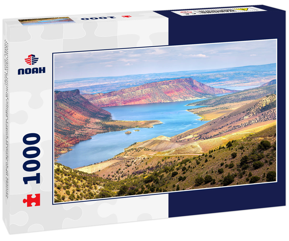 Panoramic view of Sheep Creek Overlook in Manila, Utah near Flaming Gorge National Park with clouds valley and river